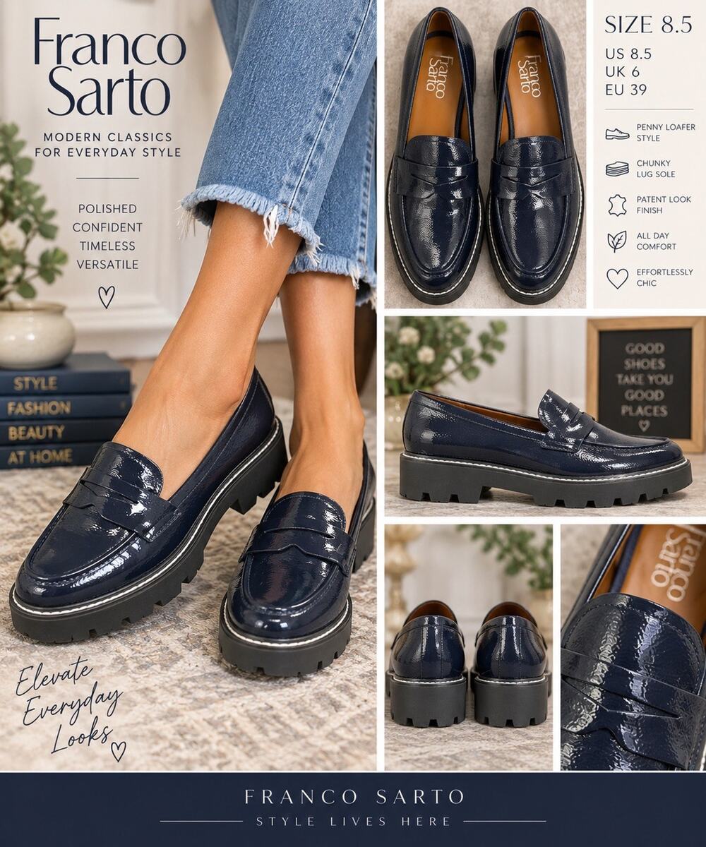 🆕Franco Sarto Women’s 8.5 Black Patent Penny Loafers Chunky Lug Sole Platform